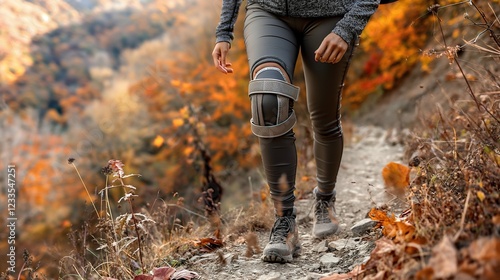 A woman confidently hikes along a beautiful trail during autumn, showcasing a supportive knee brace. She embodies determination and vitality despite physical limitations on her journey photo