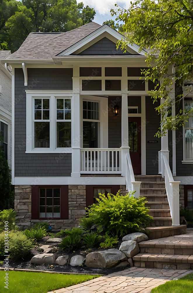 Charming Gray House with Stone Accents and Landscaped Garden Charming Gray House with Stone Accents and Landscaped Garden
