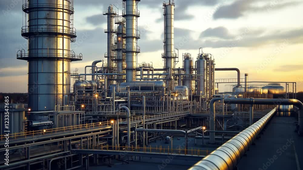 Futuristic industrial with large metal pipes and tanks at outdoors	
