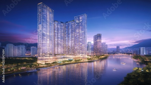 Modern Cityscape Skyline Riverfront Towers Evening