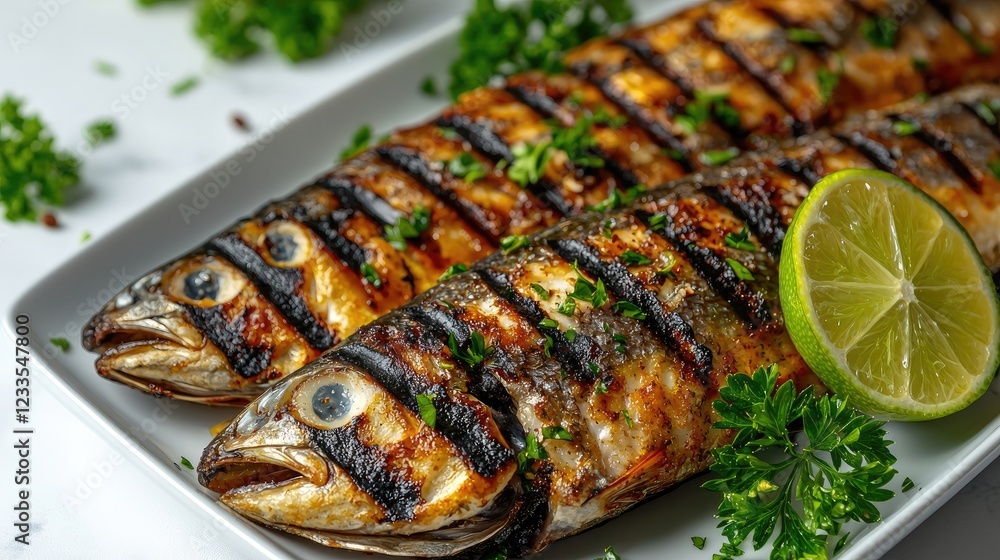 Grilled fish garnished with herbs and lime on a white plate, showcasing a culinary delight Grilled fish garnished with herbs and lime on a white plate, showcasing a culinary delight