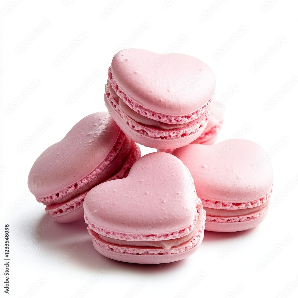 Four pink heart-shaped macarons stacked on white background. Four pink heart-shaped macarons stacked on white background.