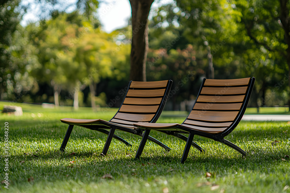 Serene Park Setting: Two Modern Wooden Loungers on Lush Green Grass Serene Park Setting: Two Modern Wooden Loungers on Lush Green Grass