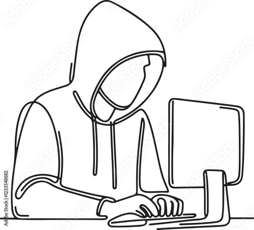 Minimalist Hacker Art Line Drawing of a Cyber Intruder
