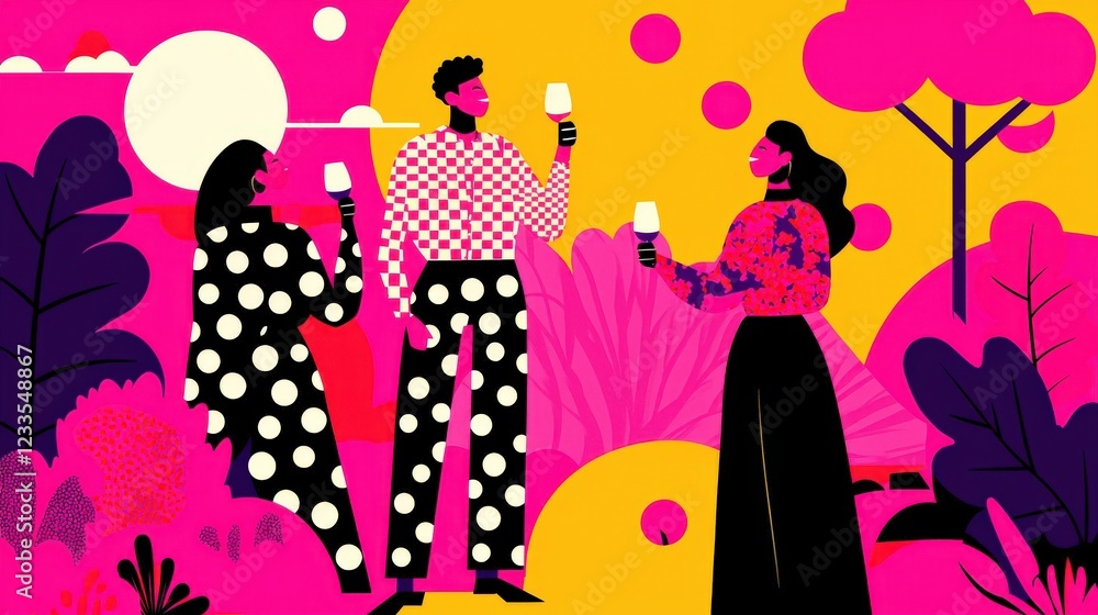custom made wallpaper toronto digitalColorful Illustration of Diverse Friends Celebrating Outdoors with Drinks Against a Vibrant Background