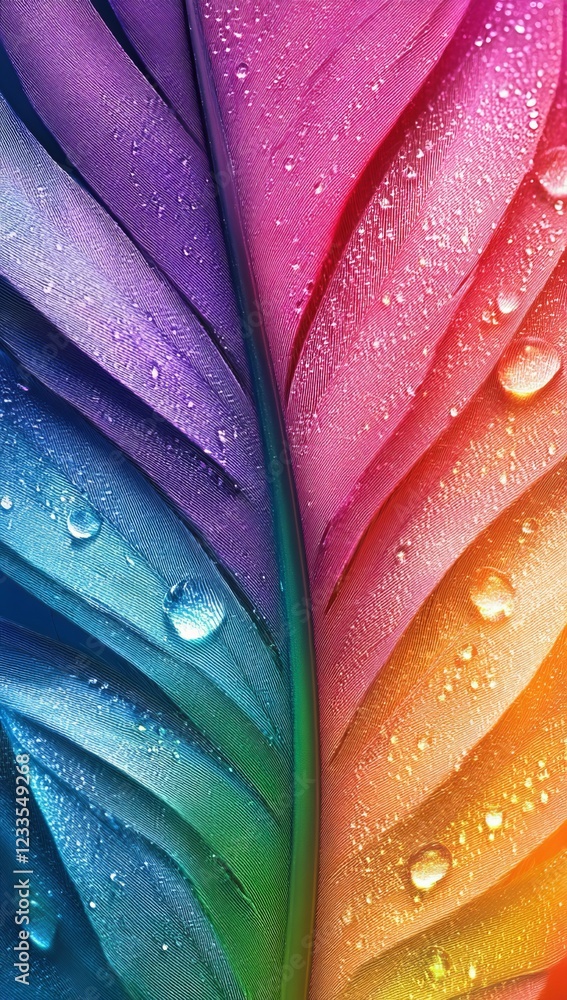 Obraz premium Vibrant rainbow leaf with dew drops.
