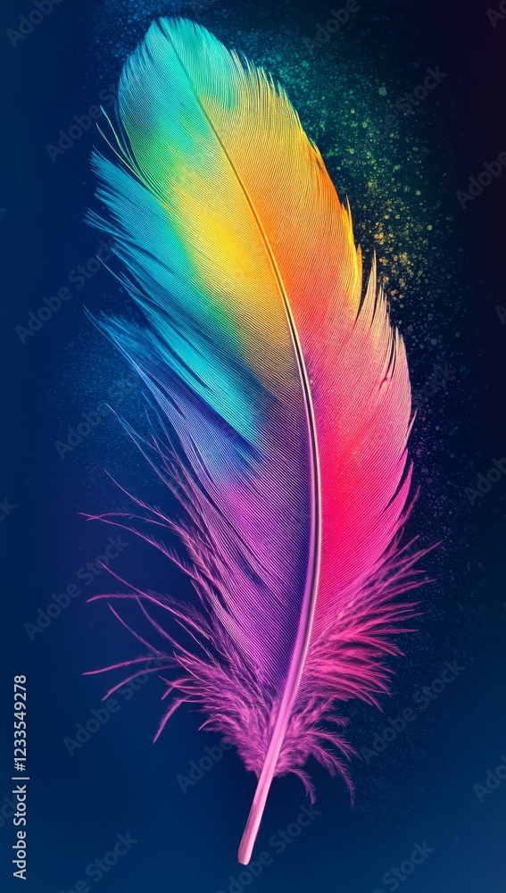 Obraz premium Vibrant rainbow feather on dark background.