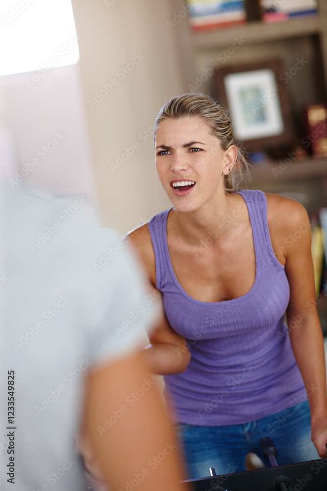Fototapeta premium Shocked, confused and woman in couple with news for investment fail, stress and loan rejection. Risk, gambling debt and marriage conflict with people at home for anger, surprise and divorce.