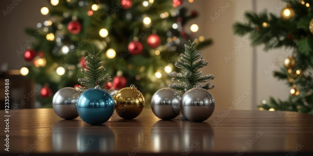 Shiny spheres decorating a small Christmas tree on a table, mini ornaments, dainty decoration Shiny spheres decorating a small Christmas tree on a table, mini ornaments, dainty decoration