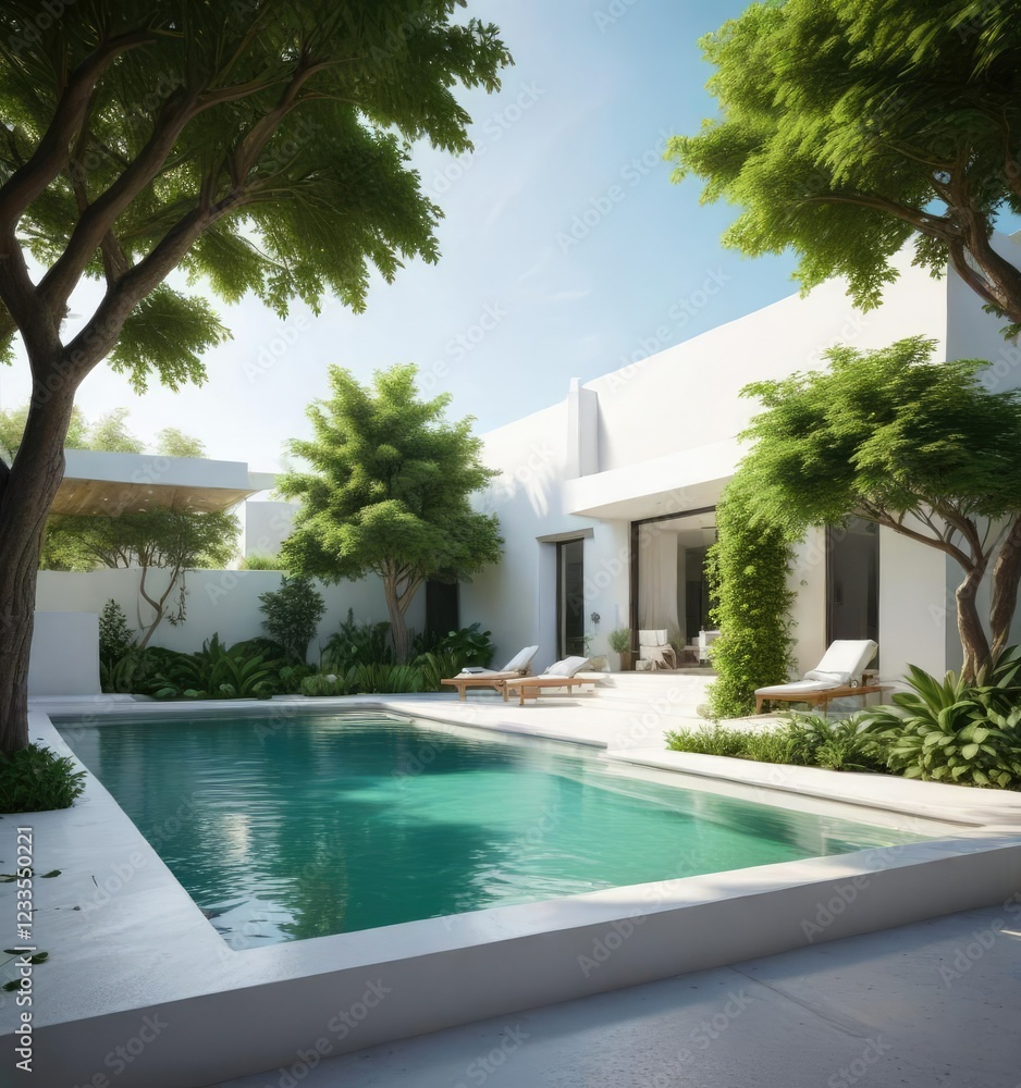 Fototapeta premium serene poolside scene with a white building and lush green tree, calm, natural