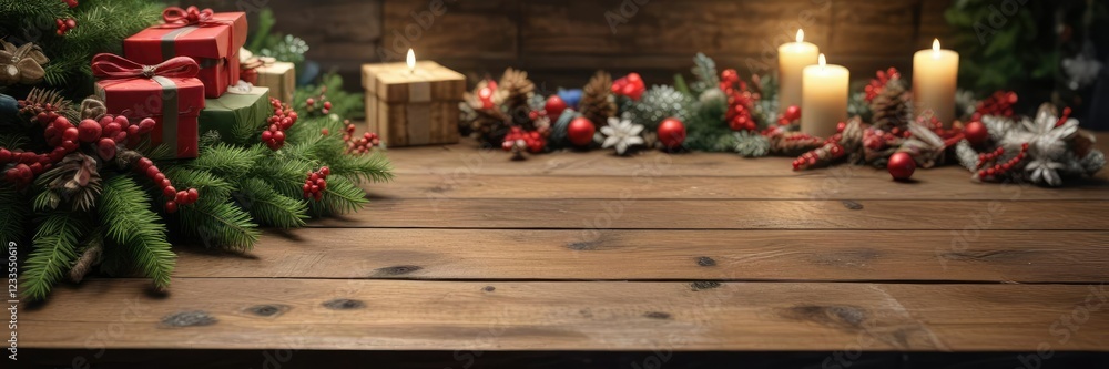 Rustic wooden table adorned with Christmas gifts and pine needles, wooden table centerpiece, cozy cabin, festive decor Rustic wooden table adorned with Christmas gifts and pine needles, wooden table centerpiece, cozy cabin, festive decor