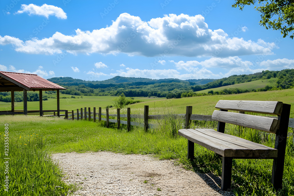 Serene Countryside Bench: A Peaceful Pastoral Scene