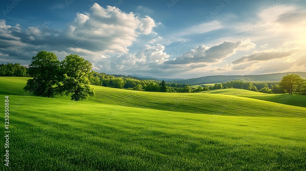A serene landscape featuring rolling green hills, trees, and a bright sky with clouds. A serene landscape featuring rolling green hills, trees, and a bright sky with clouds.