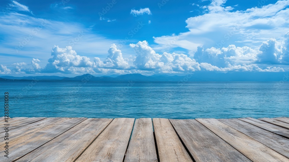 Fototapeta premium Serene Seascape: Wooden Deck Overlooking Tranquil Ocean and Blue Sky