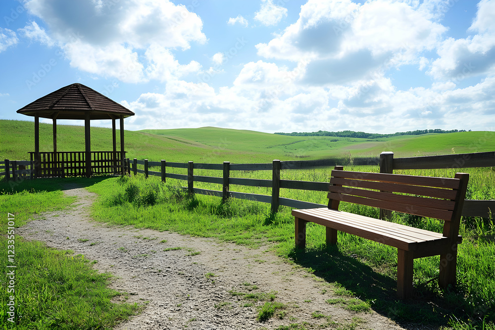 Serene Countryside Vista: Wooden Bench and Gazebo Serene Countryside Vista: Wooden Bench and Gazebo