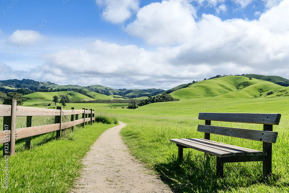 Serene Countryside Path with a Wooden Bench Serene Countryside Path with a Wooden Bench