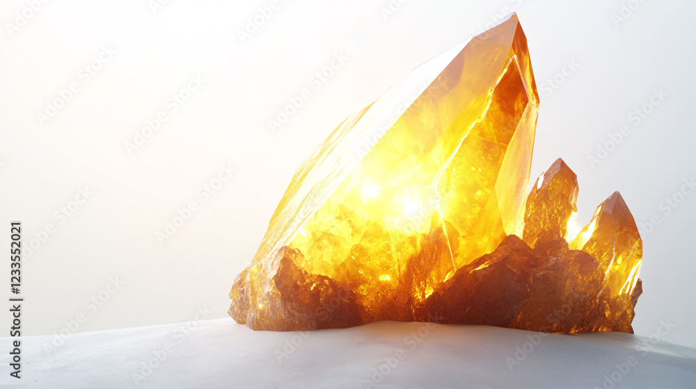 Obraz premium golden crystal cluster on white surface glowing with light