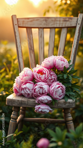 Pink peonies on a vintage wooden bench or garden chair, outdoor seating, fresh cut flowers, vintage furniture, garden decor