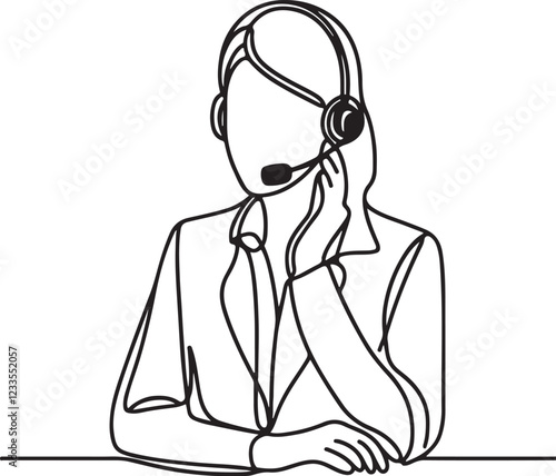 Line Drawing of Female Call Center Agent with Headset