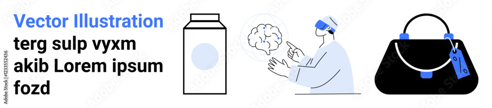 VR user interacting with floating brain model, milk container, and modern handbag. Ideal for innovation, technology, retail, fashion, creativity, health trends flat landing page banner VR user interacting with floating brain model, milk container, and modern handbag. Ideal for innovation, technology, retail, fashion, creativity, health trends flat landing page banner