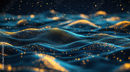 A striking visual of golden filaments merging with deep cyan waves, a poetic interplay of light and texture, suspended in a tranquil solid background