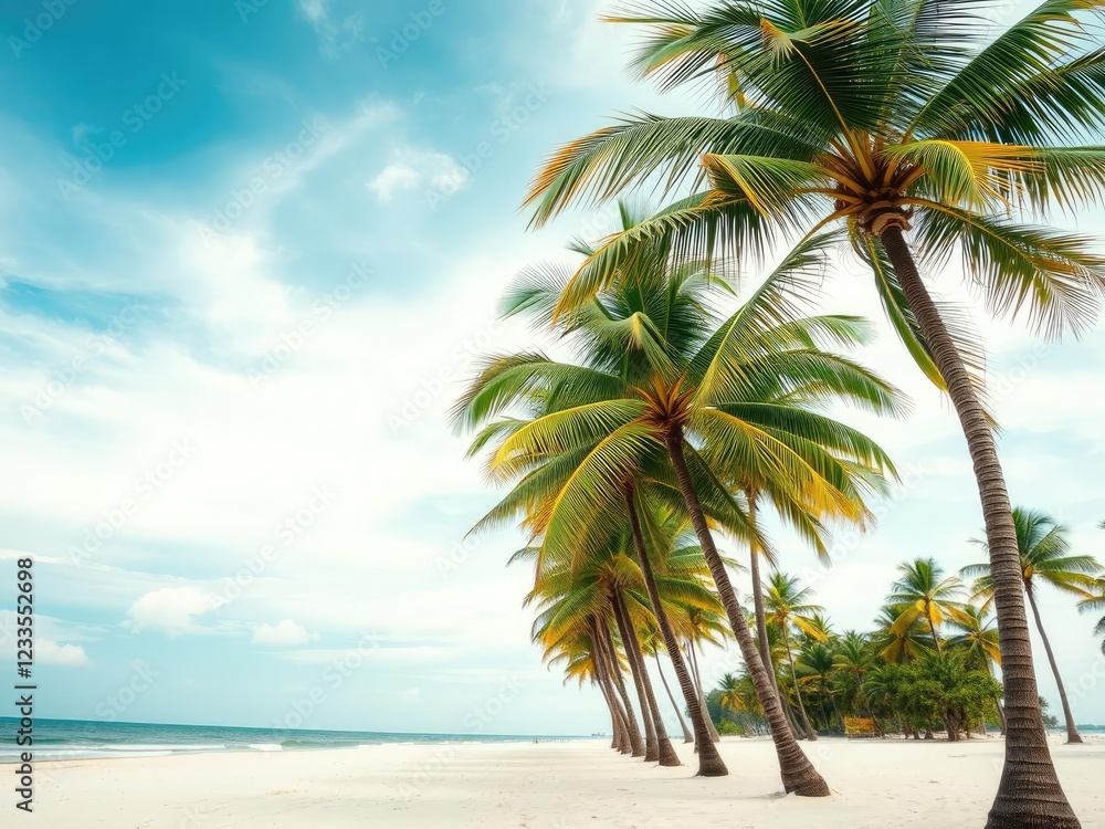 Palm trees swaying in the wind on a sandy beach, foliage, palm trees, sand Palm trees swaying in the wind on a sandy beach, foliage, palm trees, sand