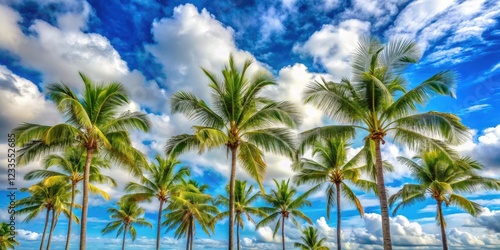 Wallpaper Mural Palm trees swaying in the breeze against a clear blue sky with fluffy white clouds, clear blue sky, fluffy clouds Torontodigital.ca