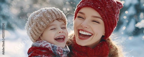 Joyful mother and child laughing in snowy winter woods. Holiday card, family blog photo