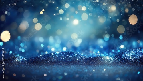 Vibrant Shimmering Blue Glitter Overlay on an Abstract Defocused Backdrop, Evoking a Sparkling Holiday Mood with Christmas and New Year Textures