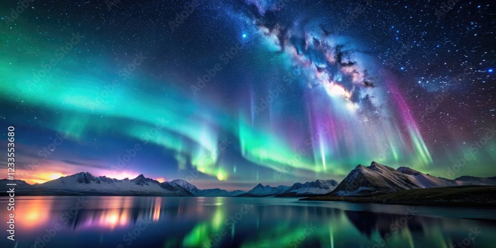Softly glowing aurora borealis in a dark sky with stars and misty mountains, misty mountains, mystical landscape, peaceful ambiance, night sky