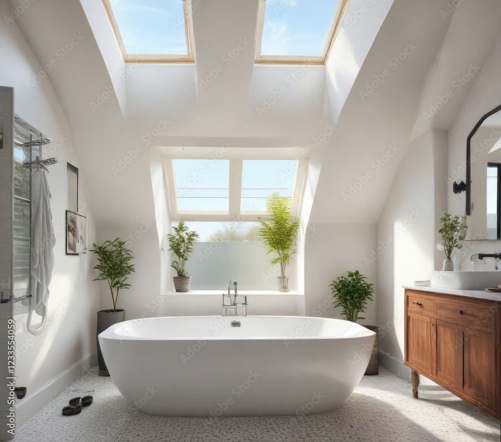 Soaking tub under a skylight in a bright and airy bathroom, natural light, spacious, airy Soaking tub under a skylight in a bright and airy bathroom, natural light, spacious, airy