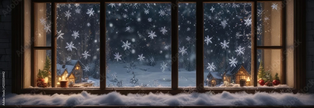 Naklejka premium Snowflakes gently falling on a snowy windowpane with festive decorations below, snow-covered window, serene atmosphere