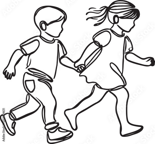 Toddler Line Drawing  Boy and Girl Running Hand in Hand