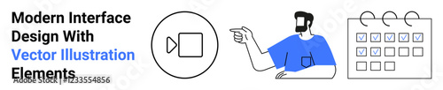 Video play icon, pointing man in casual blue outfit, and minimal calendar layout. Ideal for technology, media, navigation, scheduling, productivity, education user interface flat landing page