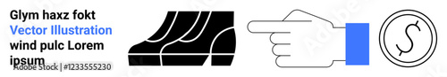 Hand gesture pointing toward a dollar sign with three black shoe icons in the background. Ideal for finance, economy, business, investment, marketing, wealth, savings. Perfect for flat landing page