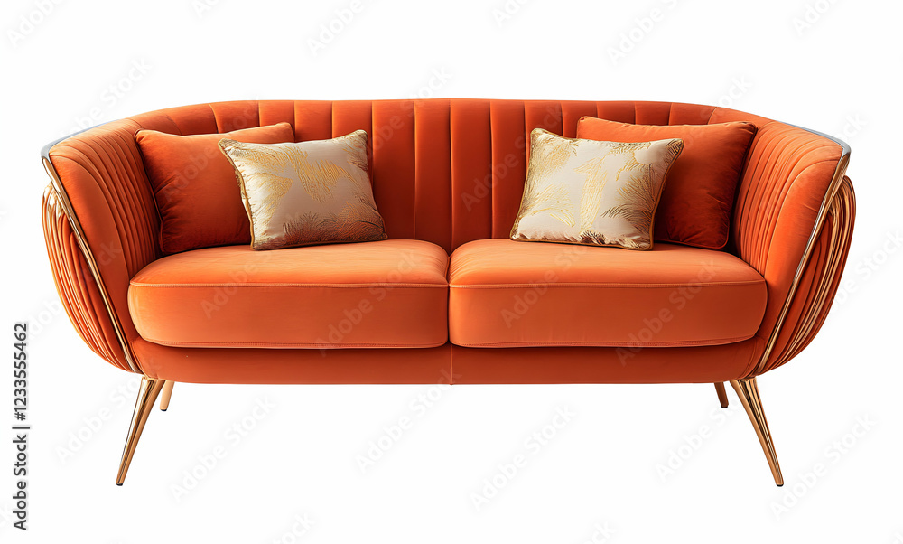 Fototapeta premium Elegant Orange Velvet Sofa with Gold Accents: Luxurious Living Room Furniture