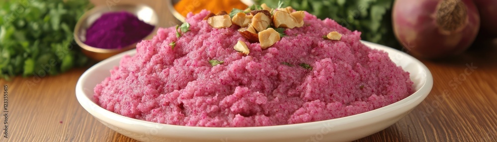 Obraz premium Beetroot puree with nuts, herbs. Healthy food recipe