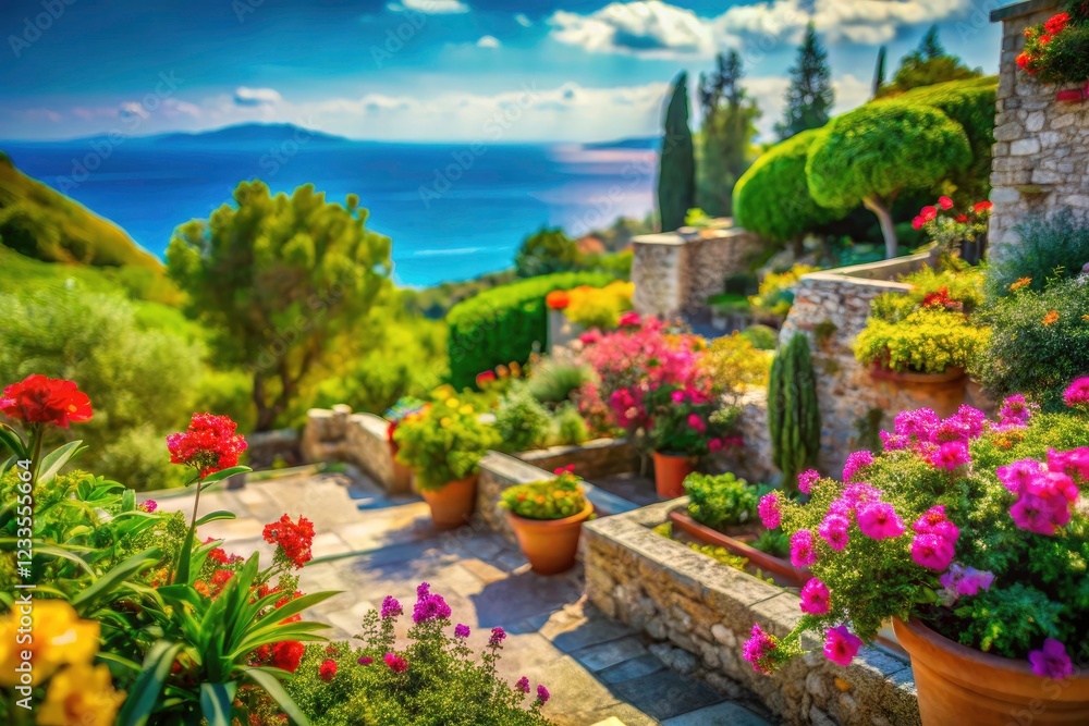 Aegean serenity: Tilt-shift transforms Greek gardens into enchanting miniature worlds of sun-drenched flora. Aegean serenity: Tilt-shift transforms Greek gardens into enchanting miniature worlds of sun-drenched flora.
