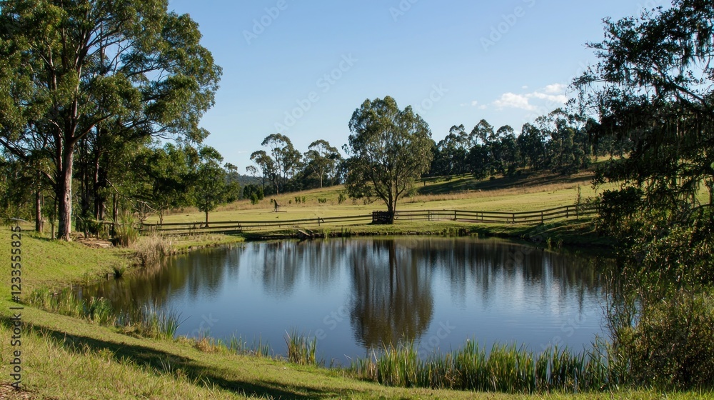Tranquil Pond in Rural Landscape: Serene Pastoral Scene Tranquil Pond in Rural Landscape: Serene Pastoral Scene