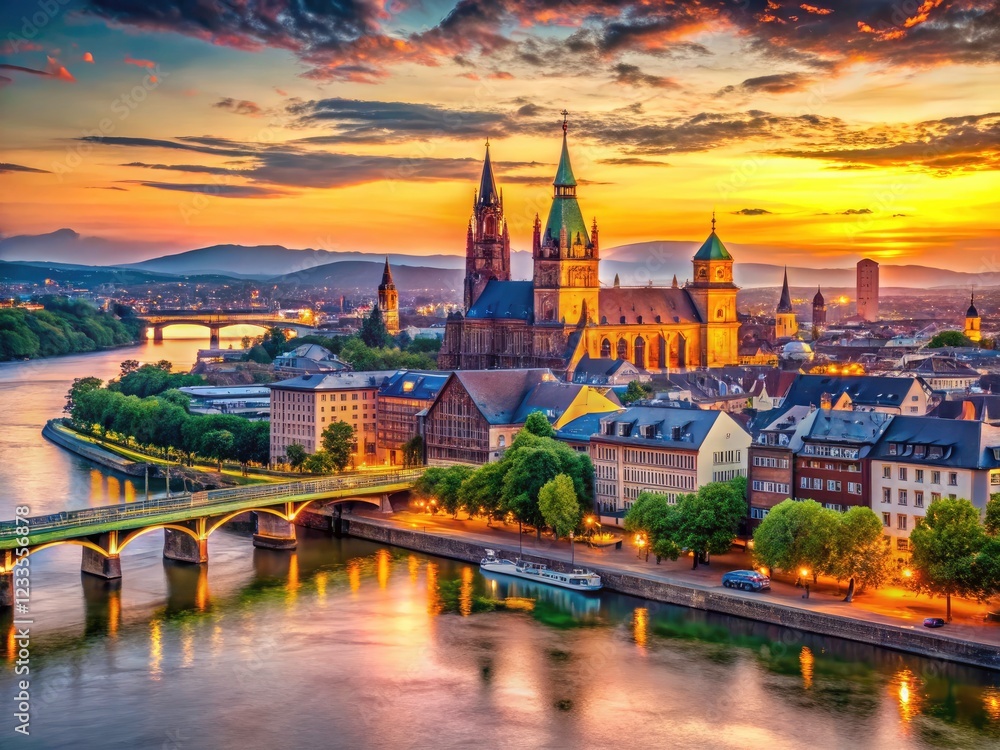 Fototapeta premium Aerial view of Mainz, Germany: a stunning cityscape panorama overlooking the Rhine River.