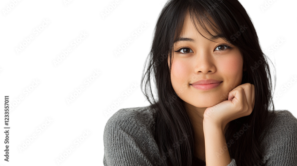 a beautiful young woman smiling with her hand under her chin on a transparent background, photo PNG image, PNG file, Generative art. a beautiful young woman smiling with her hand under her chin on a transparent background, photo PNG image, PNG file, Generative art.