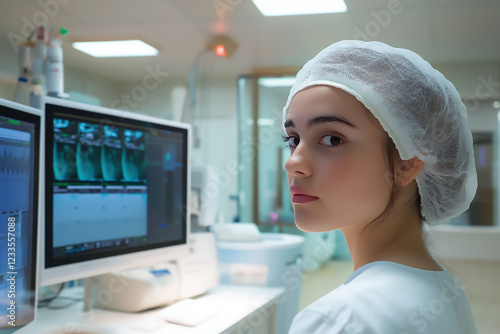 Doctors analyzing real-time patient information on multiple computer screens in ICU photo