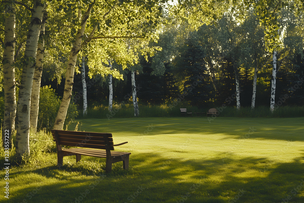 Serene Sunset in Birch Grove: A park bench awaits beneath the golden hour light filtering through the trees Serene Sunset in Birch Grove: A park bench awaits beneath the golden hour light filtering through the trees