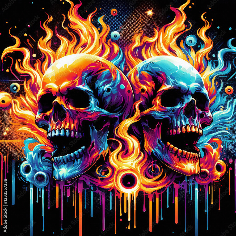 Fire skull with graffiti street art effect, bright colors such as orange, blue and purple, plus dripping paint elements and modern glitch effects. Fire skull with graffiti street art effect, bright colors such as orange, blue and purple, plus dripping paint elements and modern glitch effects.