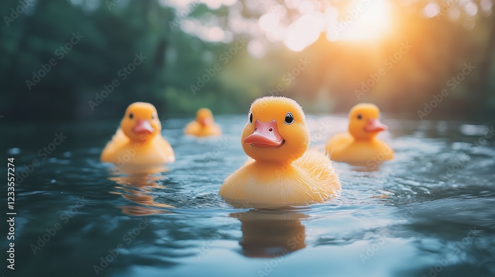 Adorable Yellow Ducklings Swimming in Calm Water at Sunset Adorable Yellow Ducklings Swimming in Calm Water at Sunset
