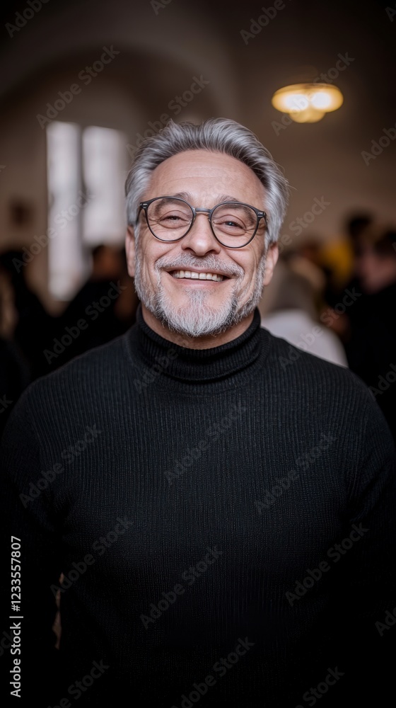 Smiling Senior Man in Crowd  Portrait  Glasses  Sweater