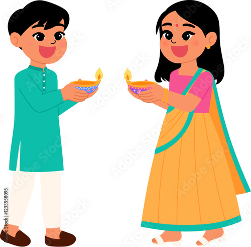 Indian boy and girl lighting divas for Diwali festival illustration