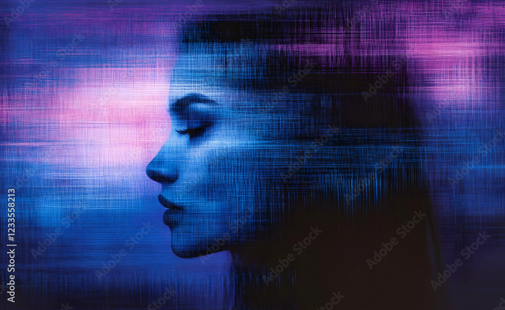 Digital Dreamscape: A Woman's Serene Profile in Abstract Hues Digital Dreamscape: A Woman's Serene Profile in Abstract Hues