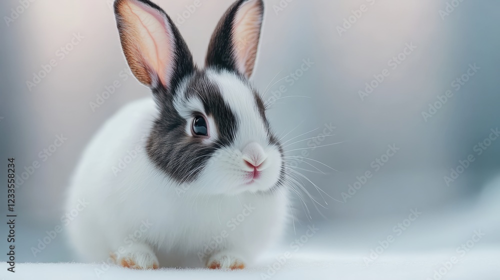 Obraz premium A young rabbit with spotted black and white fur, hopping gently on a clean white surface