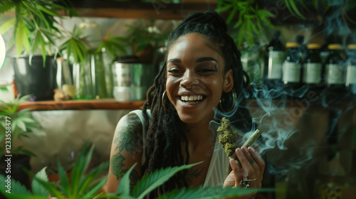 Yong woman smoking marijuana and apothecary herbal products in the room shop